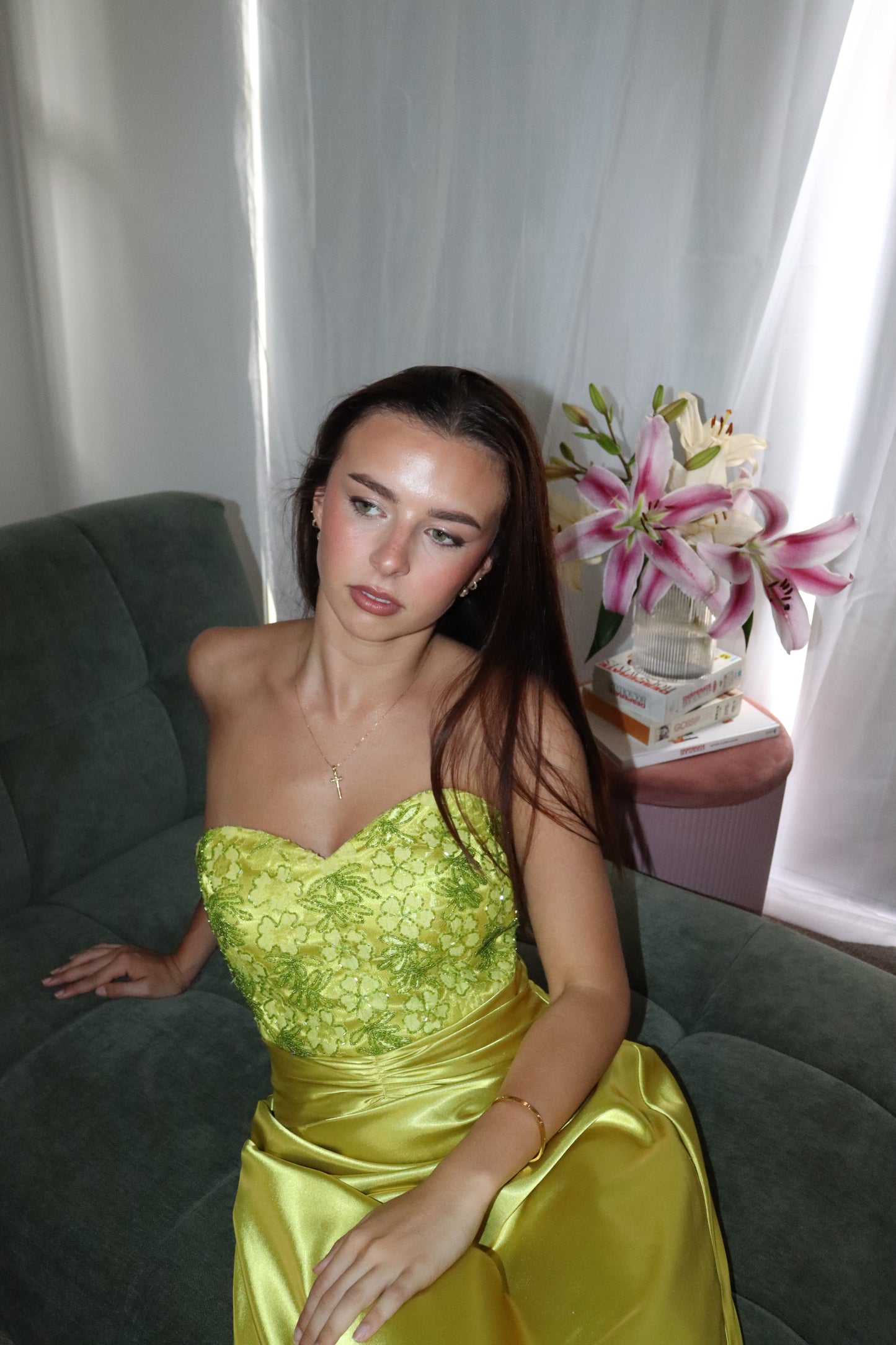 Chartreuse beaded gown
